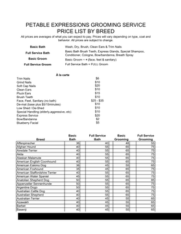 PETABLE EXPRESSIONS GROOMING SERVICE PRICE LIST by BREED All Prices Are Averages of What You Can Expect to Pay