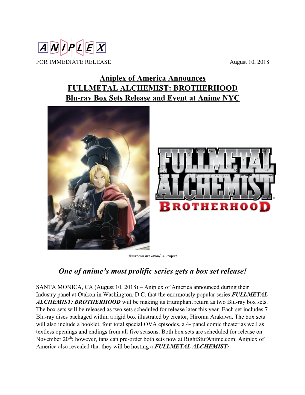 Aniplex of America Announces FULLMETAL ALCHEMIST: BROTHERHOOD Blu-Ray Box Sets Release and Event at Anime NYC One of Anime's M