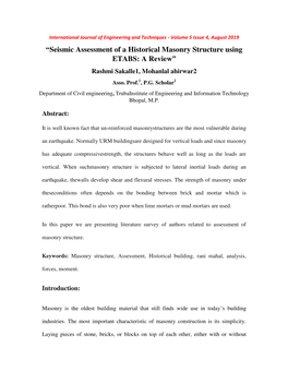 “Seismic Assessment of a Historical Masonry Structure Using ETABS: a Review” Rashmi Sakalle1, Mohanlal Ahirwar2 Asso