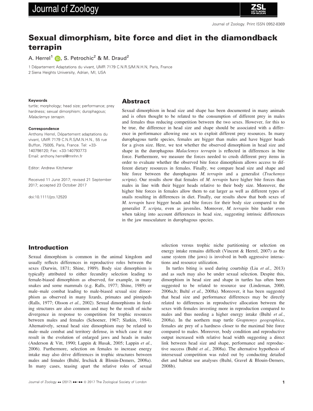 Sexual Dimorphism, Bite Force and Diet in the Diamondback Terrapin A