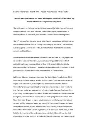 Decanter World Wine Awards 2018 – Results Press Release – United States
