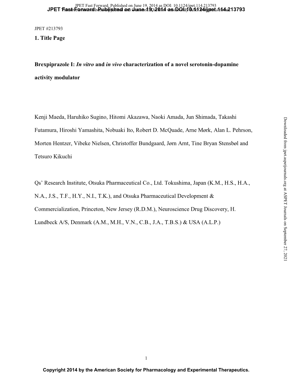 1. Title Page Brexpiprazole I: in Vitro and in Vivo Characterization of A