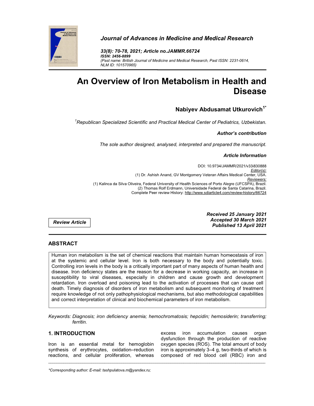 An Overview of Iron Metabolism in Health and Disease