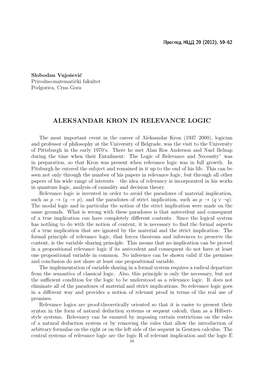 Aleksandar Kron in Relevance Logic