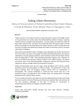 Fading Urban Memories: Status of Conservation of Historic Samasthan/Zamindari Palaces in Small & Medium Town Master Plans in Telangana, India