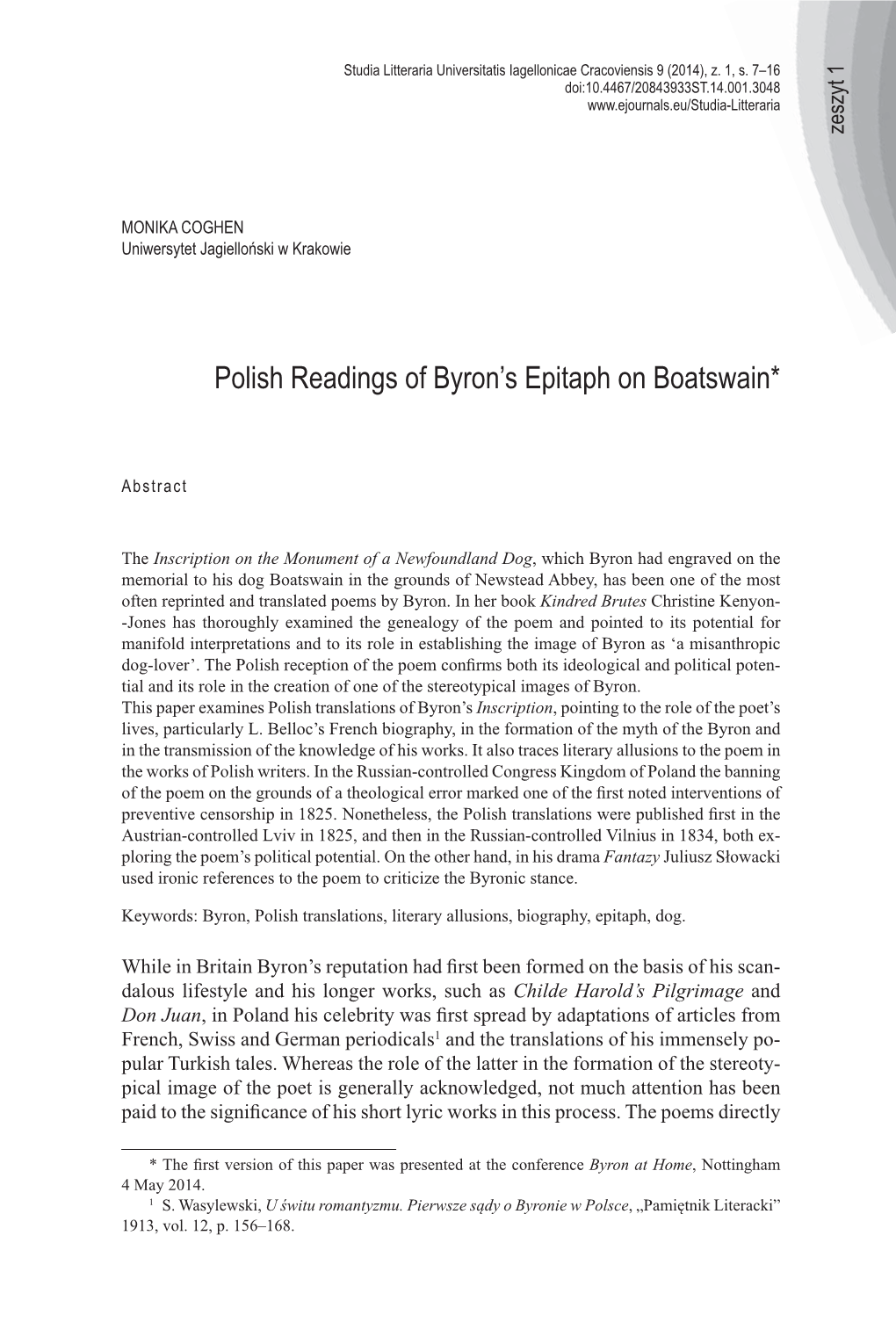 Polish Readings of Byron's Epitaph on Boatswain