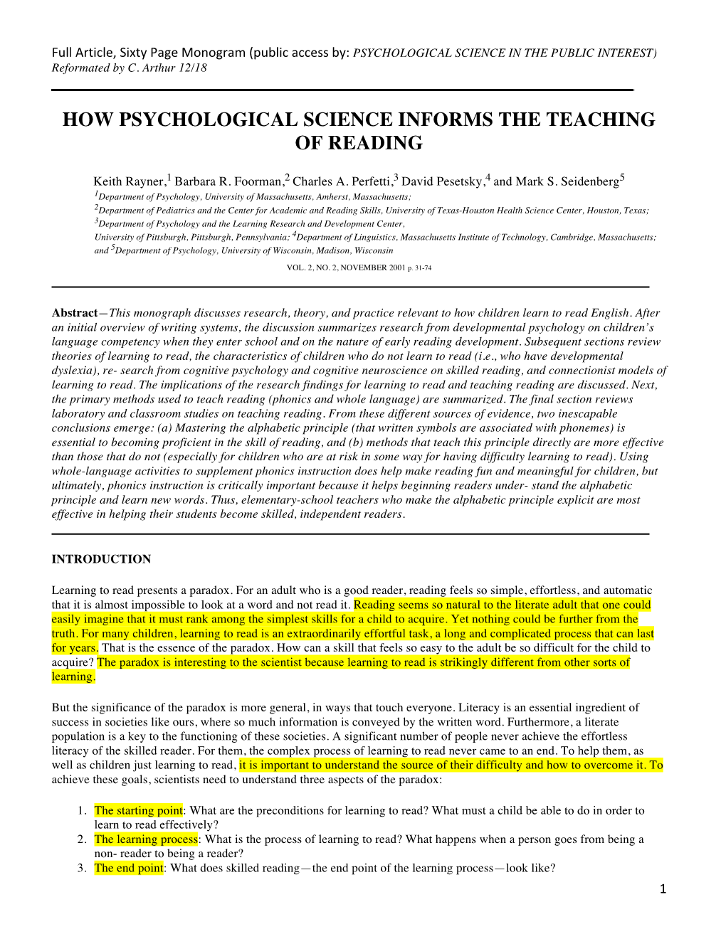 How Psychological Science Informs the Teaching of Reading