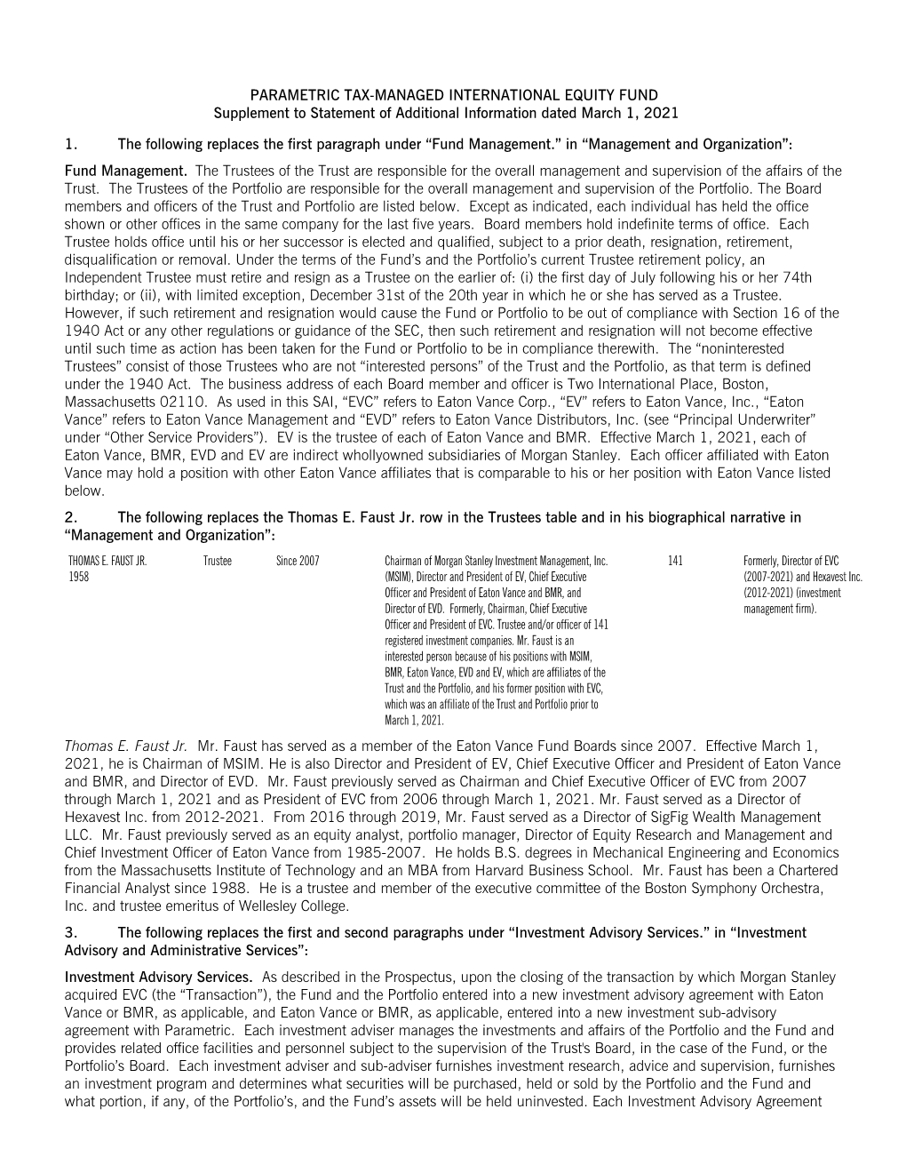 PARAMETRIC TAX-MANAGED INTERNATIONAL EQUITY FUND Supplement to Statement of Additional Information Dated March 1, 2021