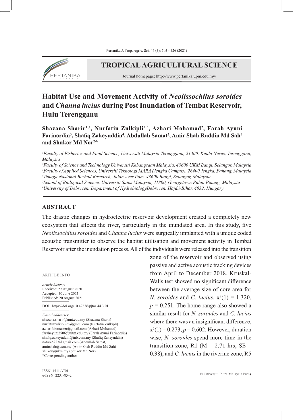 TROPICAL AGRICULTURAL SCIENCE Habitat Use and Movement