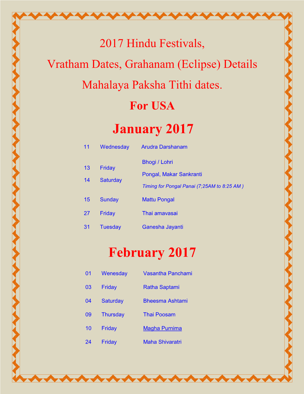 2017 Hindu Festivals, Vratham Dates, Grahanam (Eclipse) Details