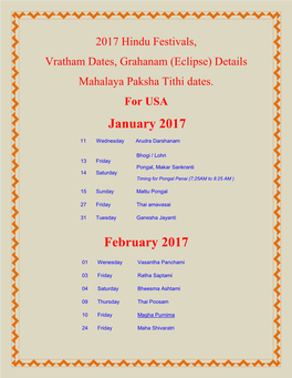 2017 Hindu Festivals, Vratham Dates, Grahanam (Eclipse) Details Mahalaya Paksha Tithi Dates