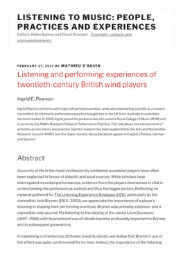 LISTENING to MUSIC: PEOPLE, PRACTICES and EXPERIENCES Editors: Helen Barlow and David Rowland - Copyright, Contacts and Acknowledgements