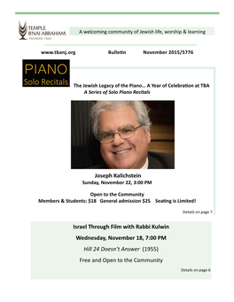 Joseph Kalichstein Israel Through Film with Rabbi Kulwin Wednesday