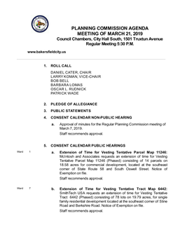 PLANNING COMMISSION AGENDA MEETING of MARCH 21, 2019 Council Chambers, City Hall South, 1501 Truxtun Avenue Regular Meeting 5:30 P.M