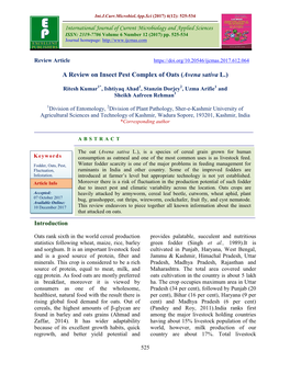 A Review on Insect Pest Complex of Oats (Avena Sativa L.)