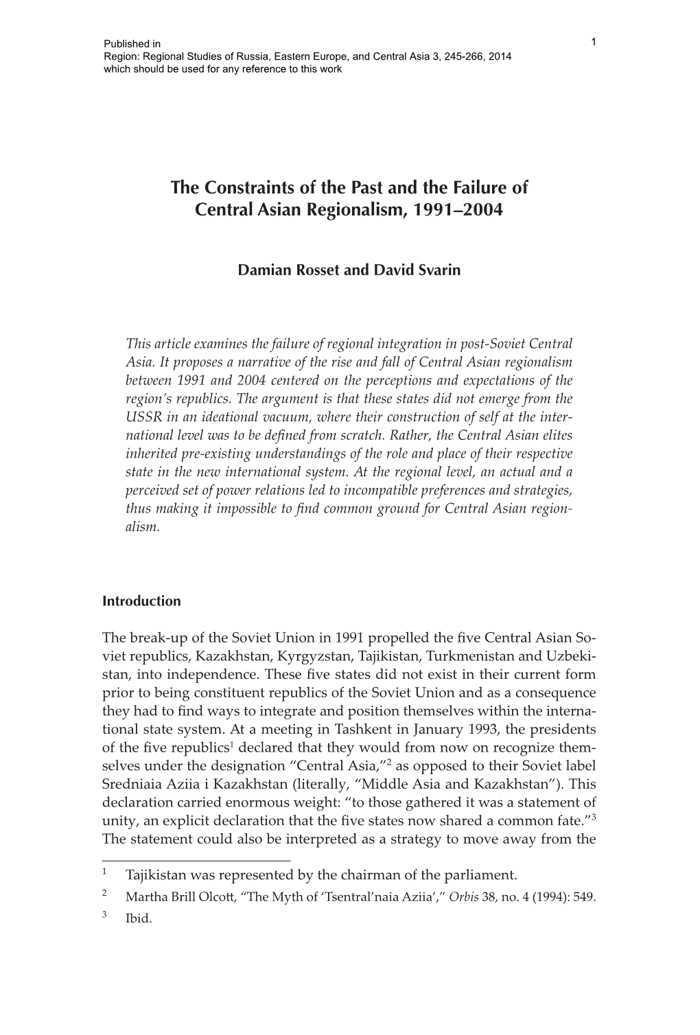 The Constraints of the Past and the Failure of Central Asian Regionalism, 1991–2004