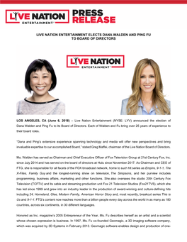 Live Nation Entertainment Elects Dana Walden and Ping Fu to Board of Directors