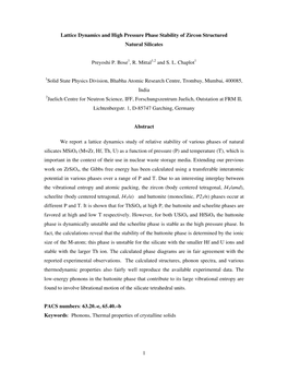 1 Lattice Dynamics and High Pressure Phase Stability of Zircon Structured