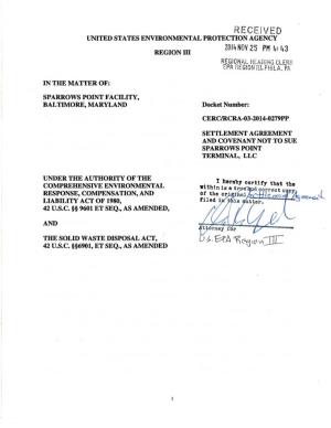 EPA Region 3 RCRA Sparrows Point Settlement Agreement , Baltimore MD, MDD053945432