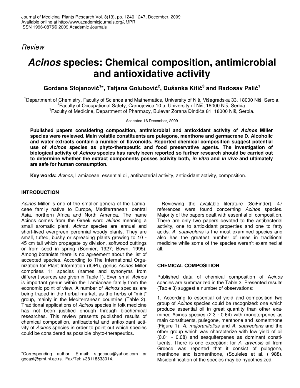 Acinos Species: Chemical Composition, Antimicrobial and Antioxidative Activity