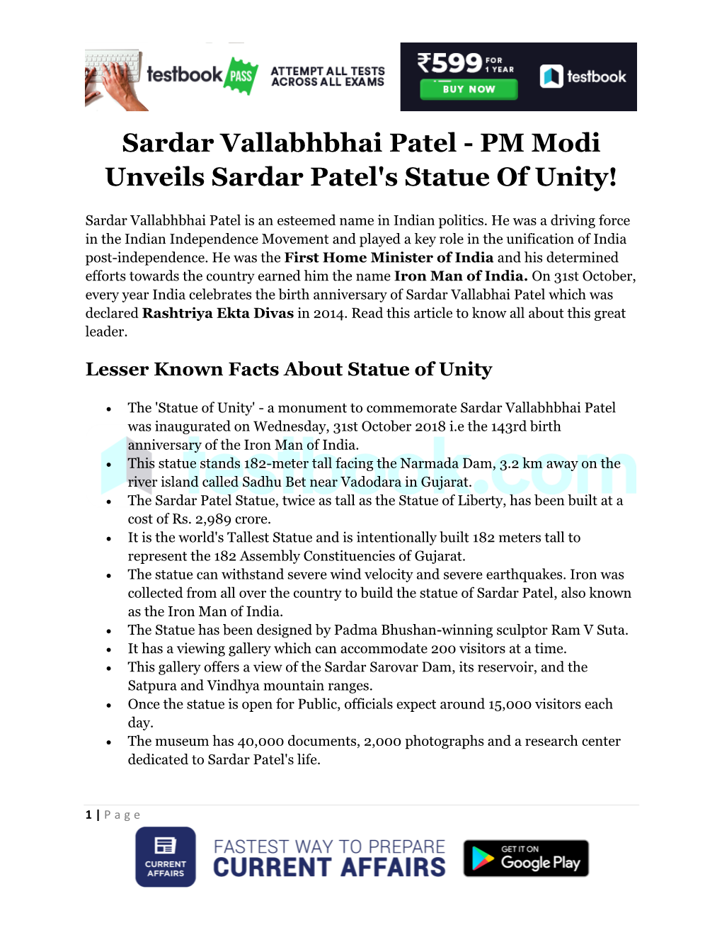 Sardar Vallabhbhai Patel - PM Modi Unveils Sardar Patel's Statue of Unity!