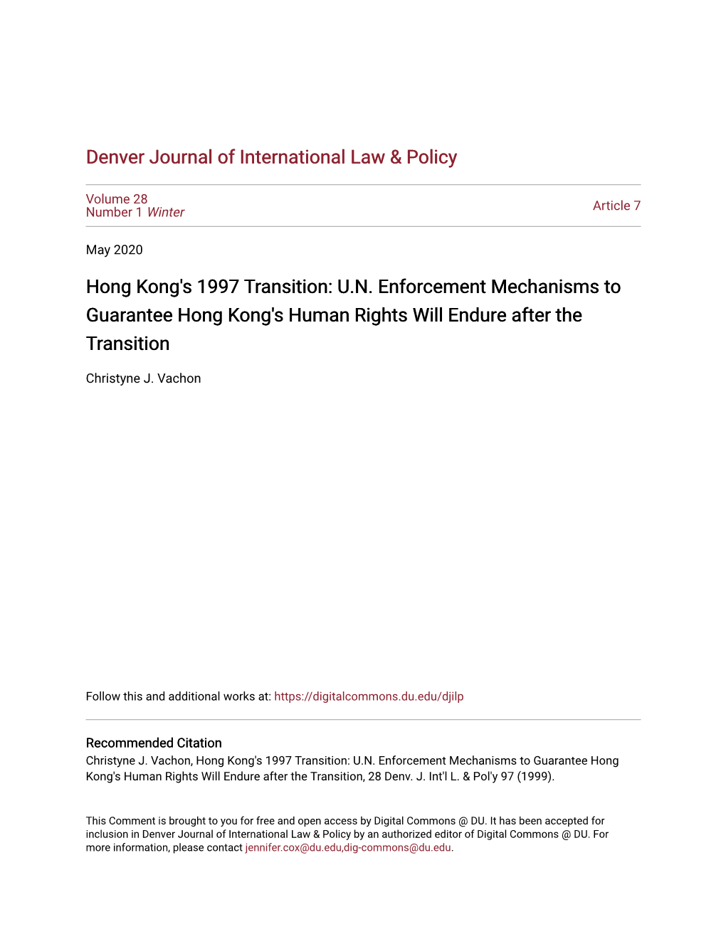 Hong Kong's 1997 Transition: U.N