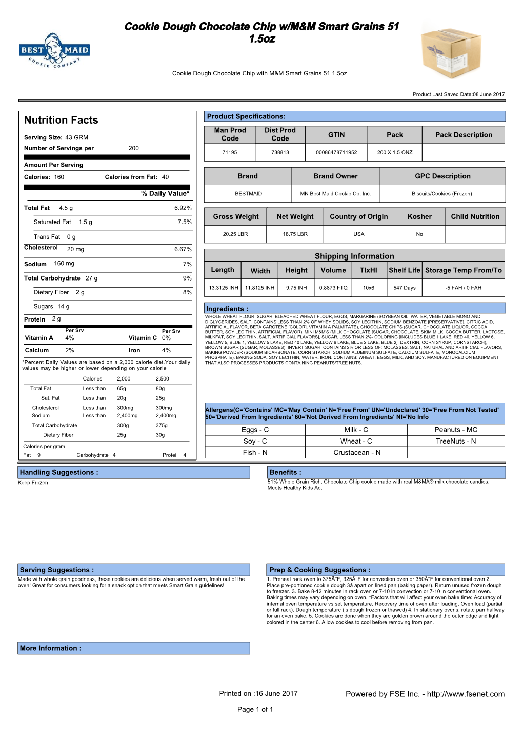 Cookie Dough Chocolate Chip W/M&M Smart Grains 51 1.5Oz Nutrition Facts