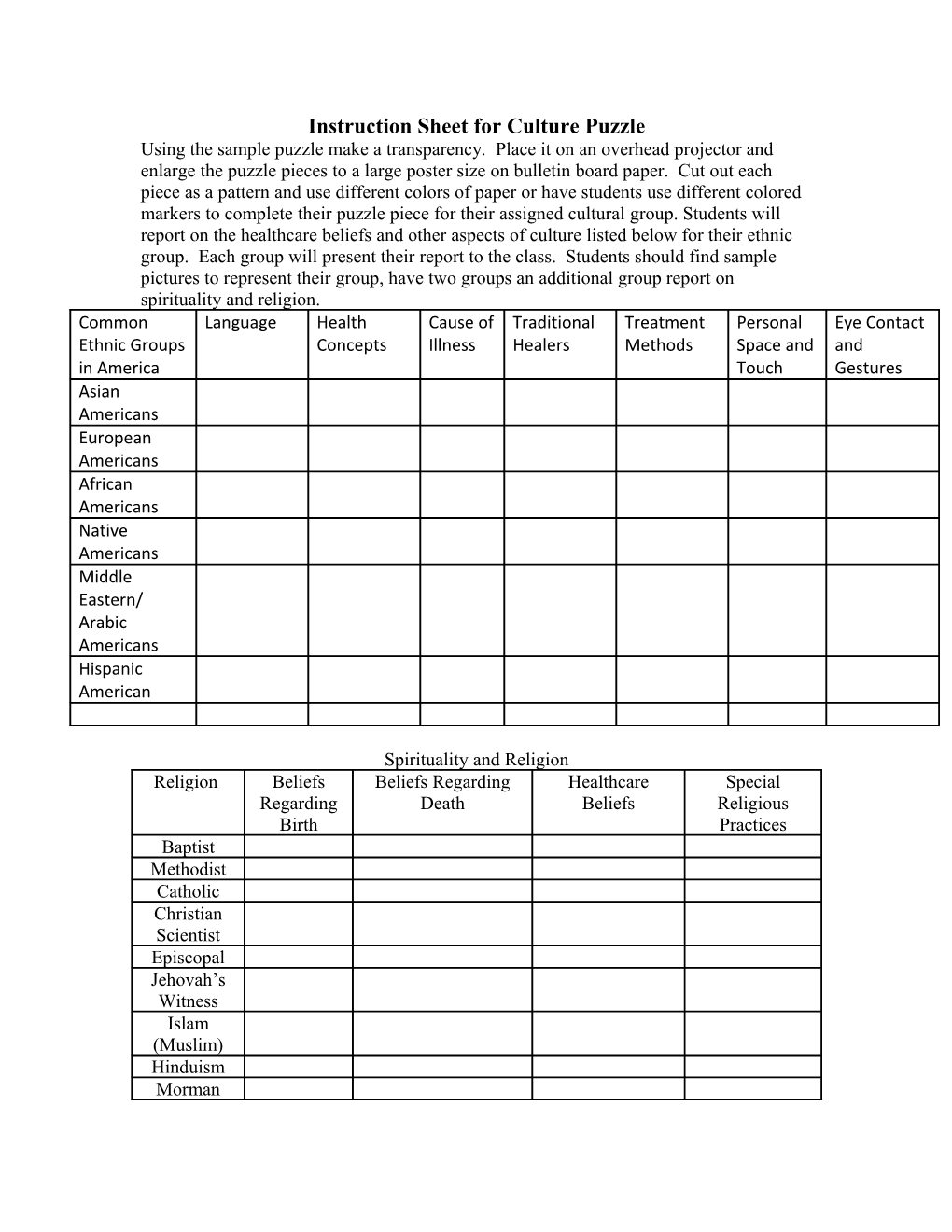 Instruction Sheet for Culture Puzzle