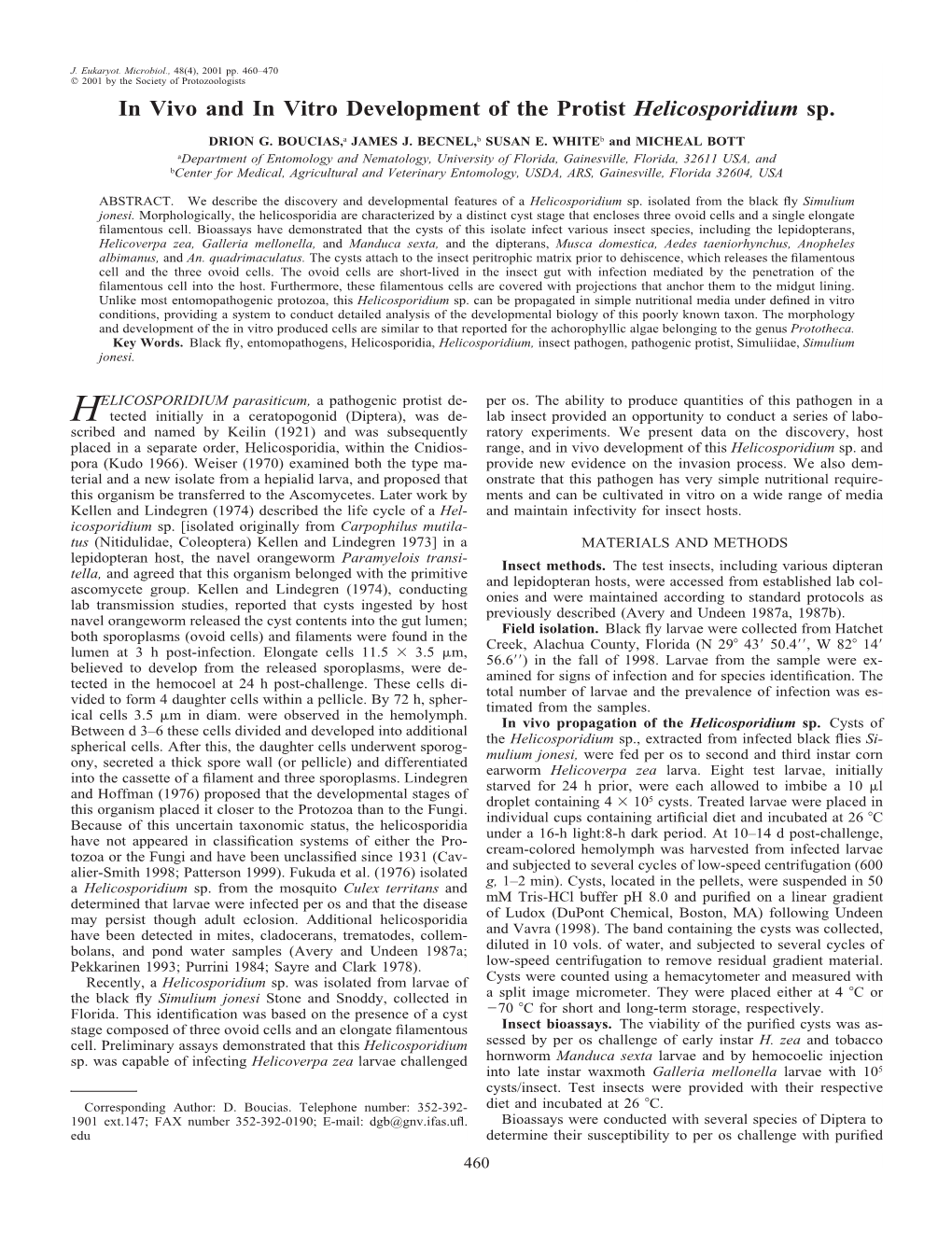 In Vivo and in Vitro Development of the Protist Helicosporidium Sp