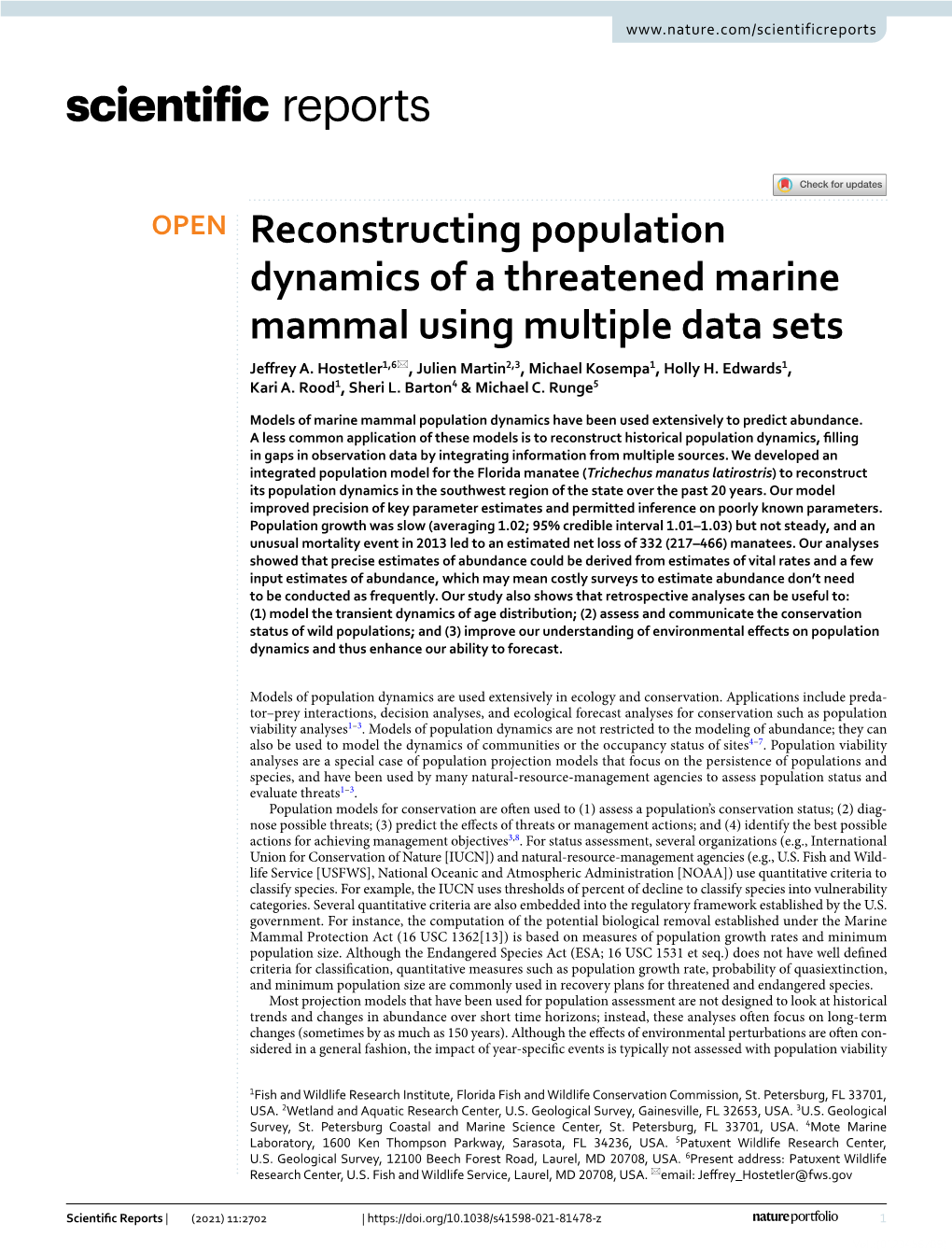Reconstructing Population Dynamics of a Threatened Marine Mammal Using Multiple Data Sets Jefrey A