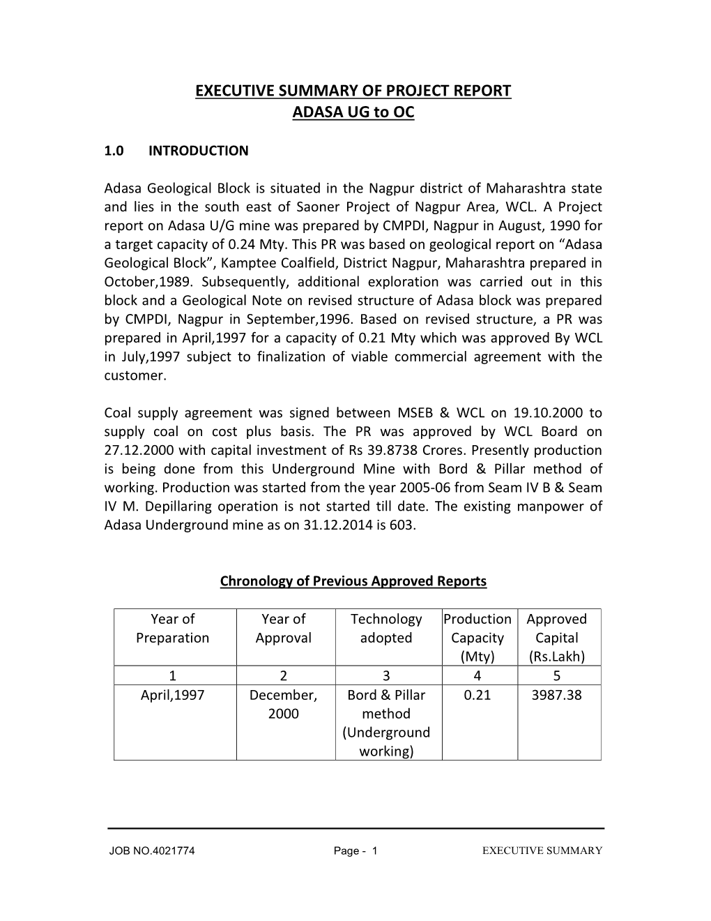 EXECUTIVE SUMMARY of PROJECT REPORT ADASA UG to OC