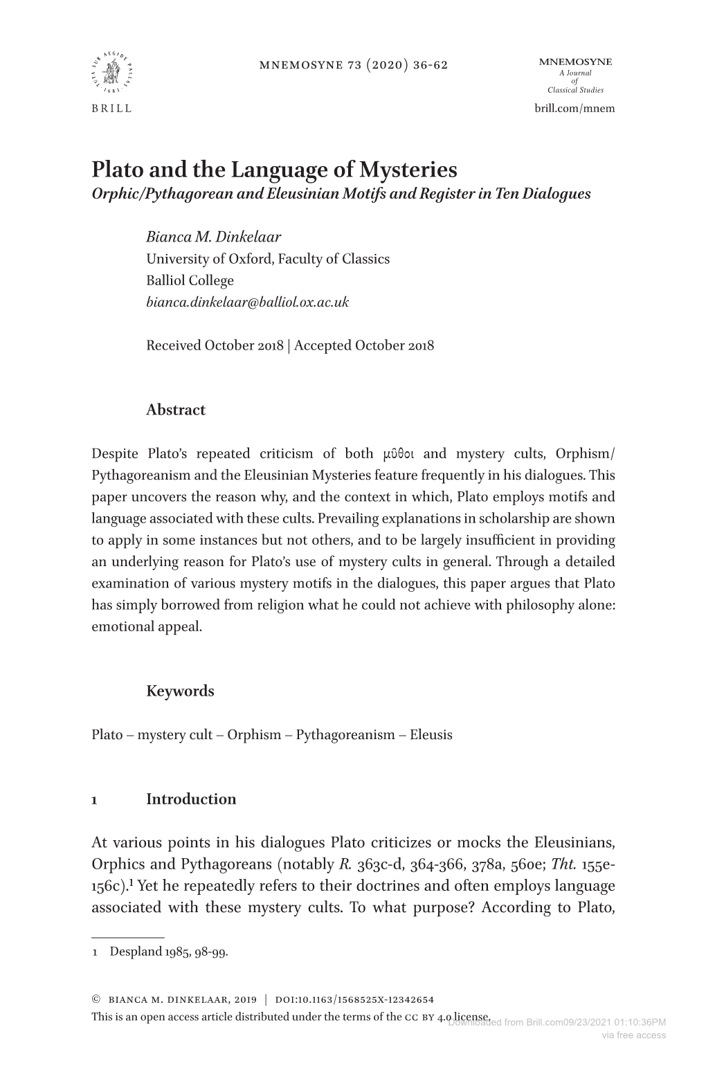 Plato and the Language of Mysteries Orphic/Pythagorean and Eleusinian Motifs and Register in Ten Dialogues