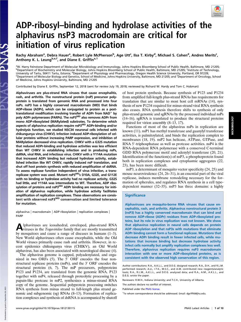 ADP-Ribosyl–Binding and Hydrolase Activities of the Alphavirus Nsp3 Macrodomain Are Critical for Initiation of Virus Replication