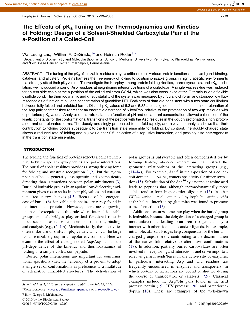 The Effects of Pka Tuning on the Thermodynamics and Kinetics of Folding: Design of a Solvent-Shielded Carboxylate Pair at the A-Position of a Coiled-Coil