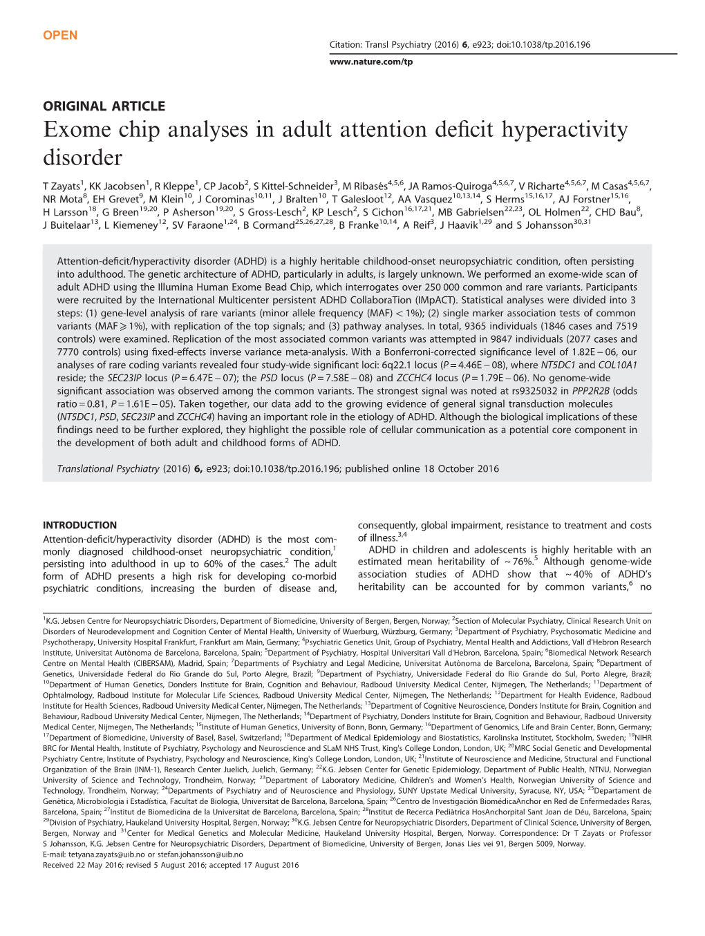 Exome Chip Analyses in Adult Attention Deficit Hyperactivity Disorder