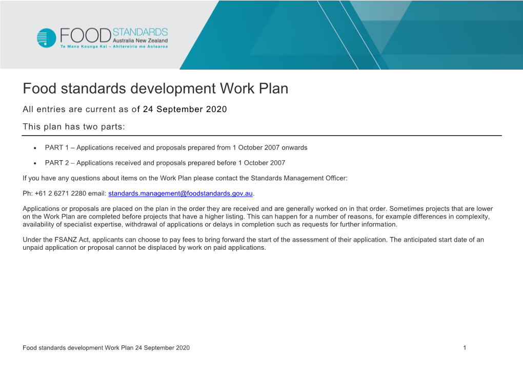 Food Standards Development Work Plan