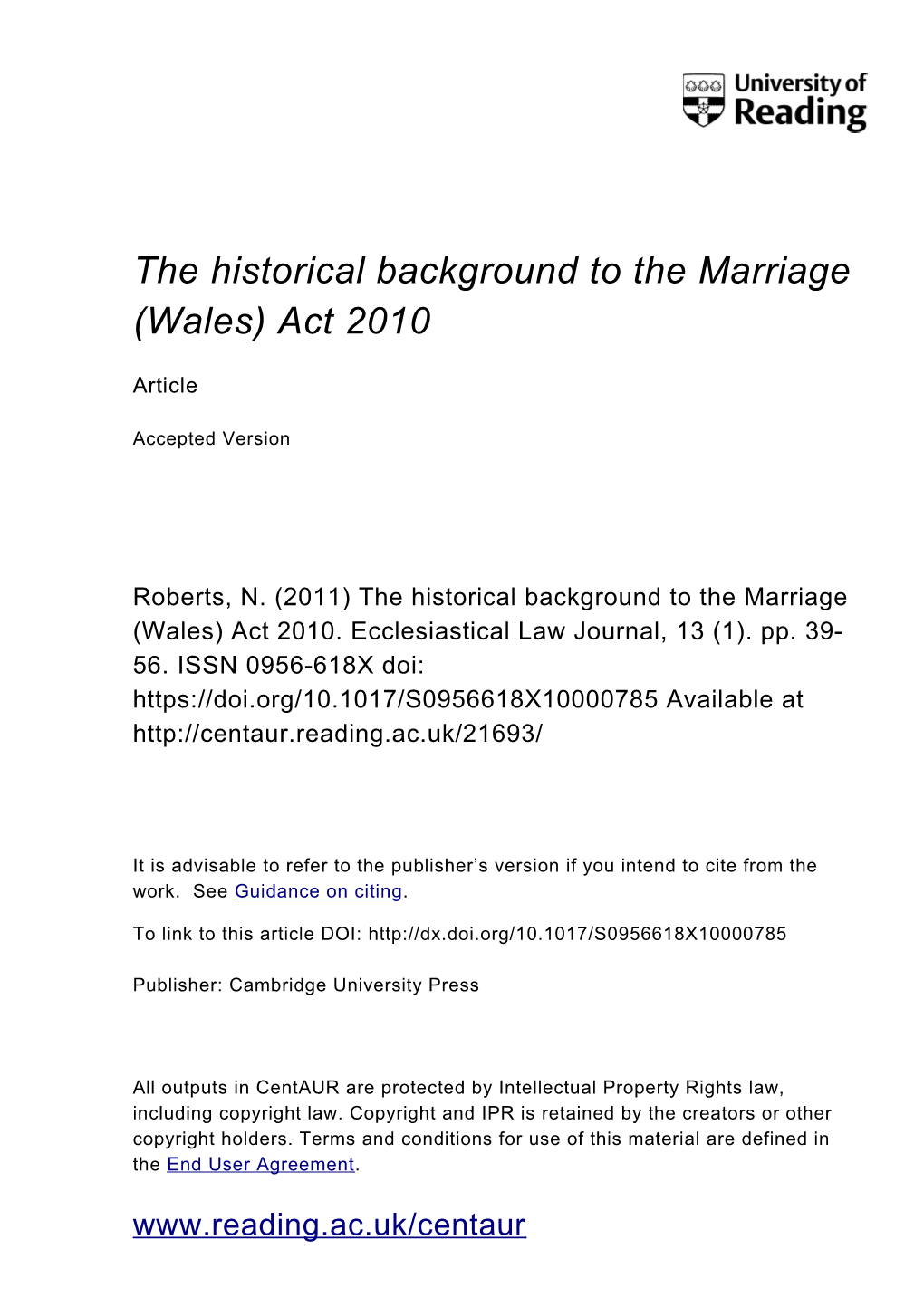 The Historical Background to the Marriage (Wales) Act 2010