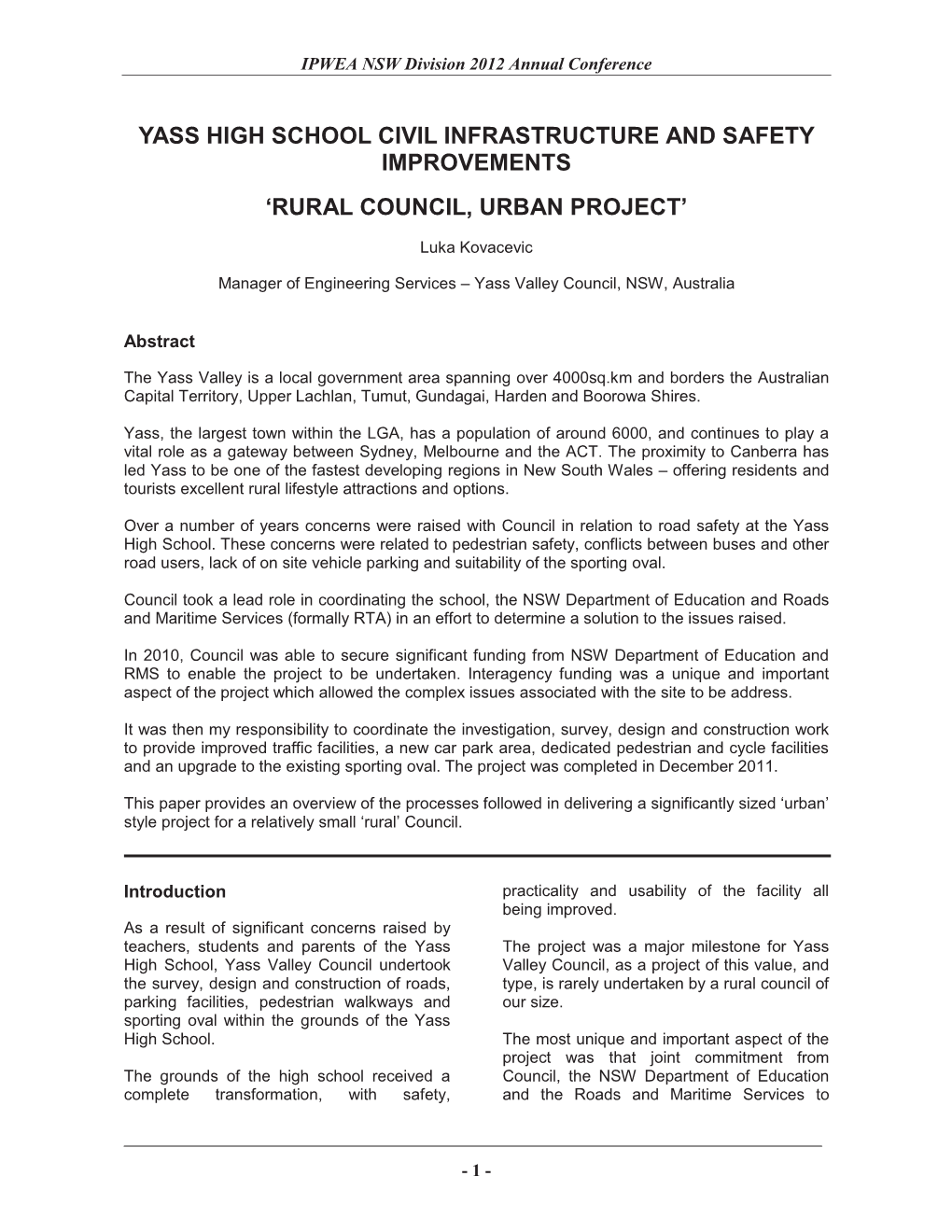 Yass High School Civil Infrastructure and Safety Improvements ‘Rural Council, Urban Project’
