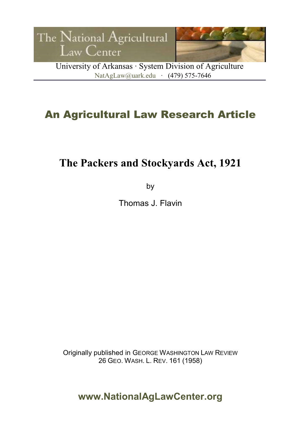 The Packers and Stockyards Act, 1921