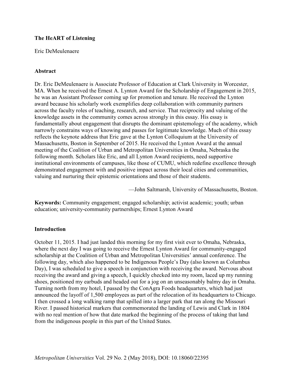 Metropolitan Universities Vol. 29 No. 2 (May 2018), DOI: 10.18060/22395