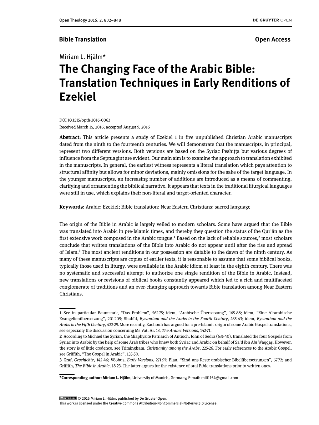 The Changing Face of the Arabic Bible: Translation Techniques in Early Renditions of Ezekiel