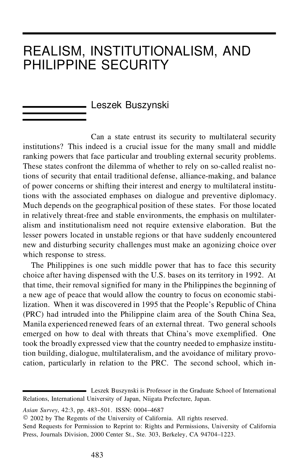 Realism, Institutionalism, and Philippine Security