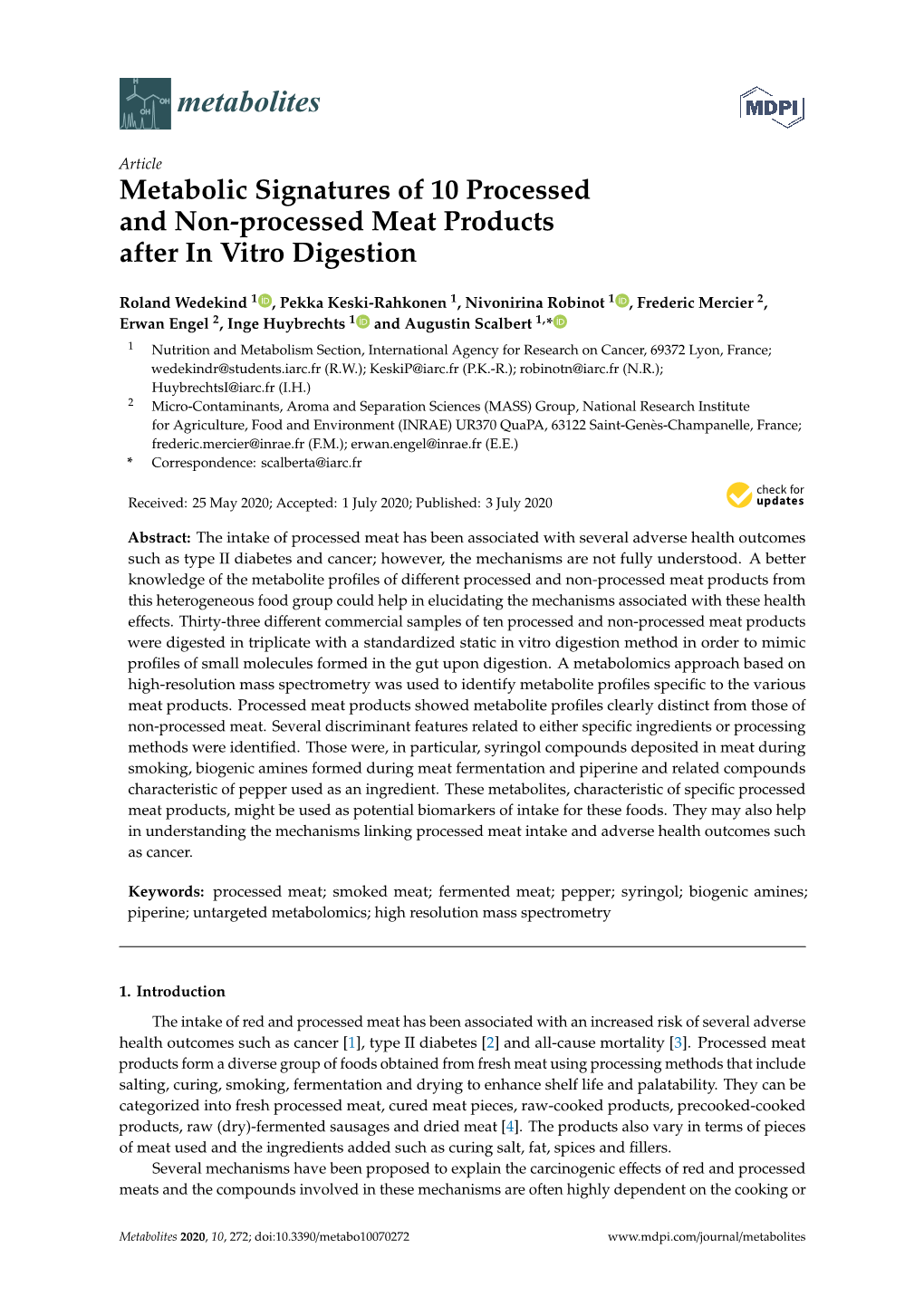 Metabolic Signatures of 10 Processed and Non-Processed Meat Products After in Vitro Digestion