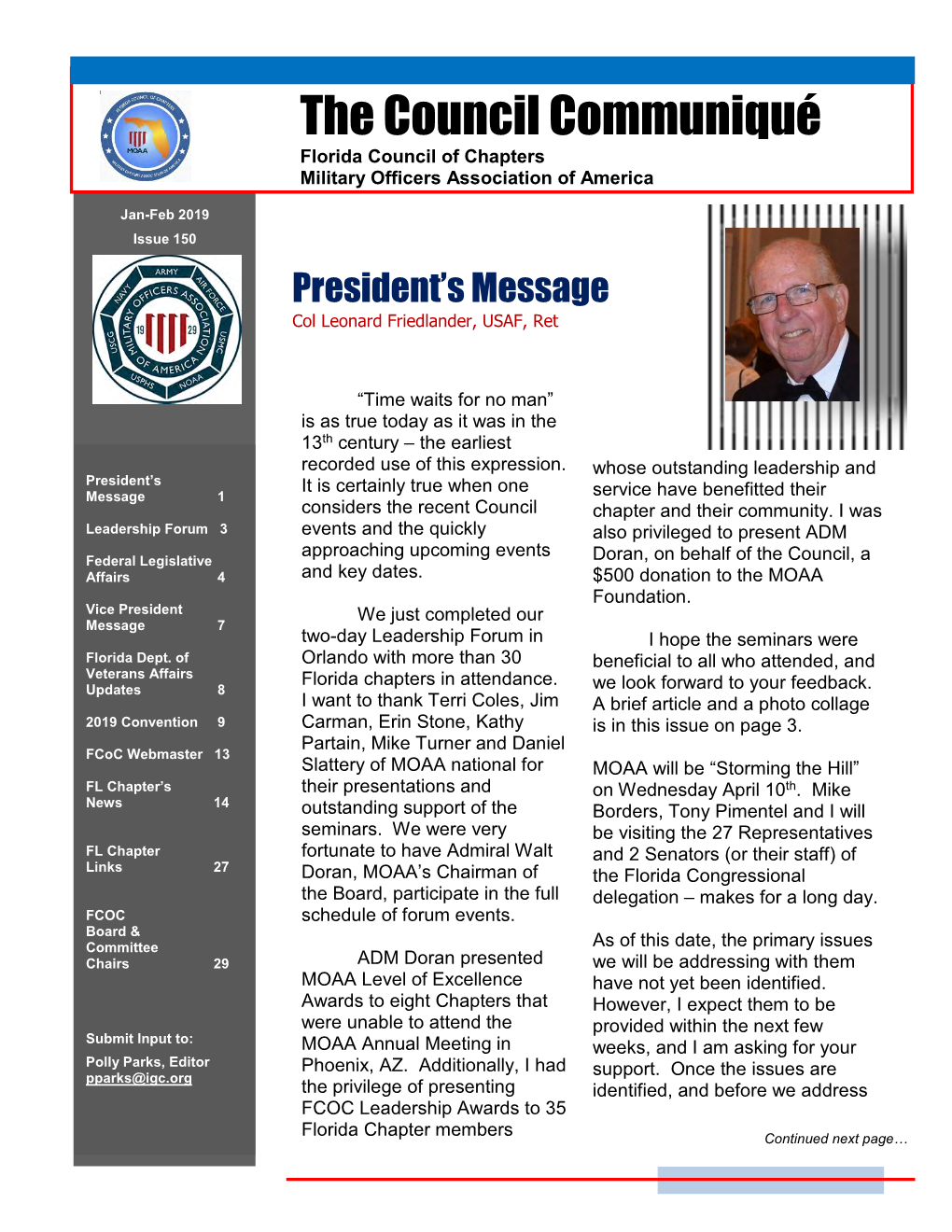Feb 2019 Issue 150 President’S Message Col Leonard Friedlander, USAF, Ret