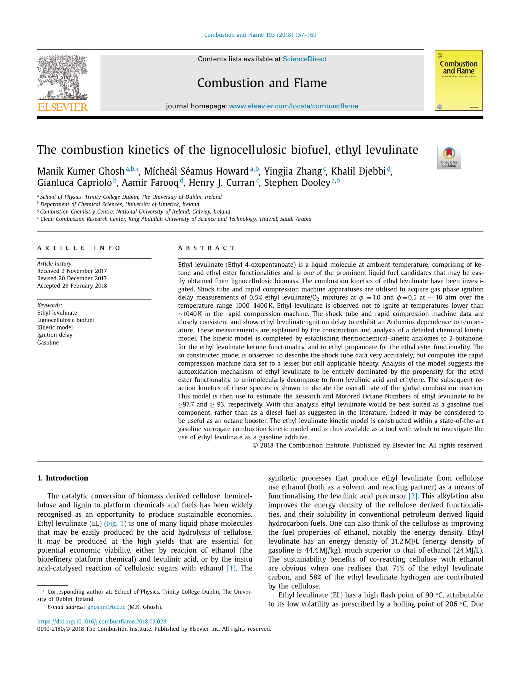 The Combustion Kinetics of the Lignocellulosic Biofuel, Ethyl Levulinate