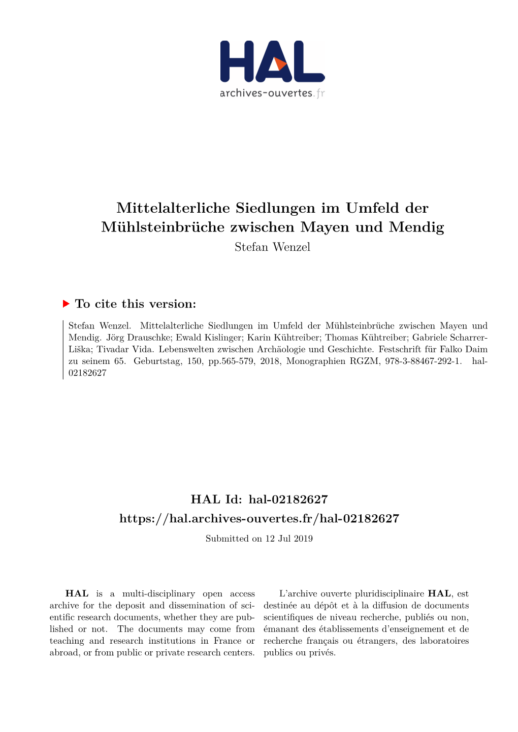 Mittelalterliche Siedlungen Im Umfeld Der Mühlsteinbrüche Zwischen Mayen Und Mendig Stefan Wenzel