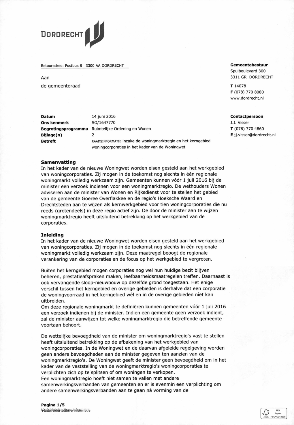 Raadsinformatiebrief Inzake Woningmarktregio En