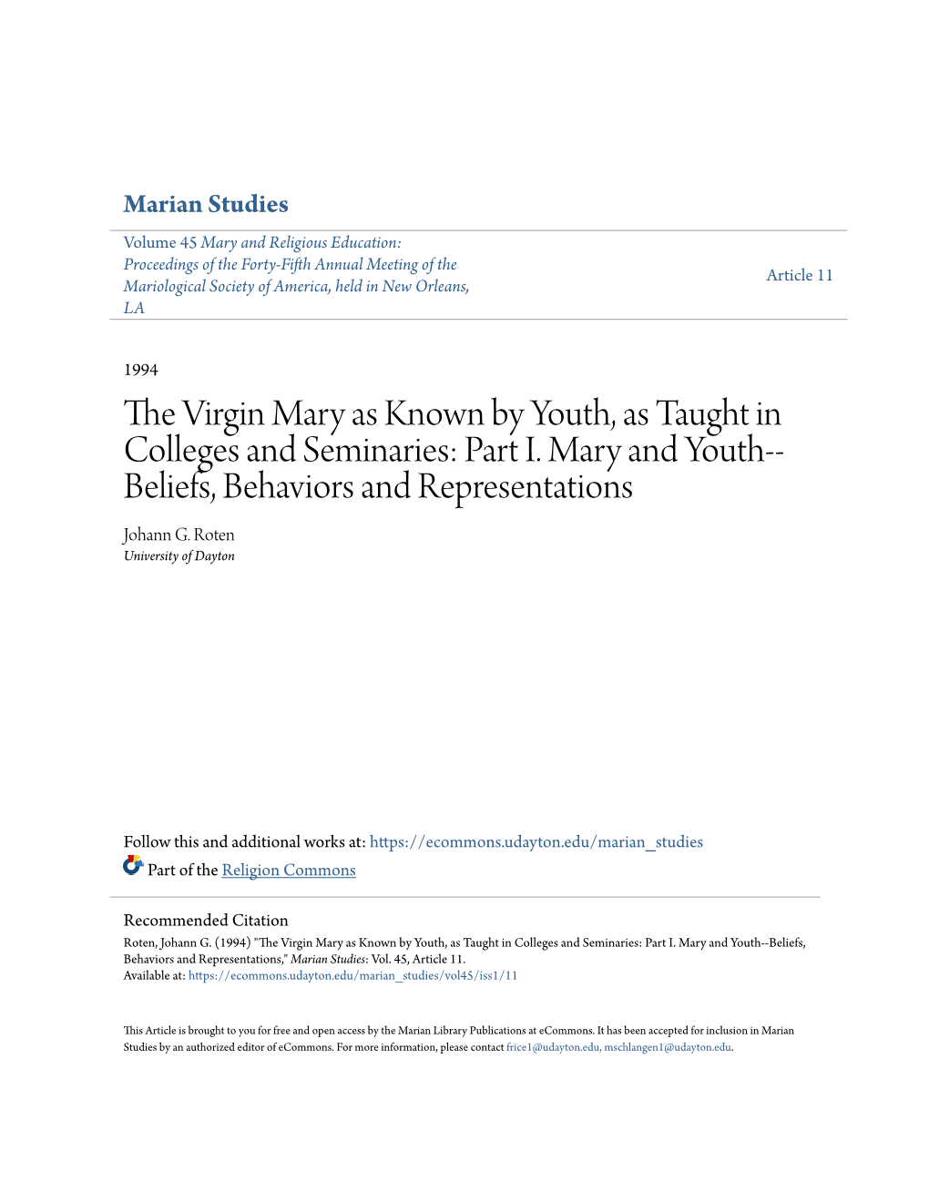 Part I. Mary and Youth--Beliefs, Behaviors and Representations," Marian Studies: Vol