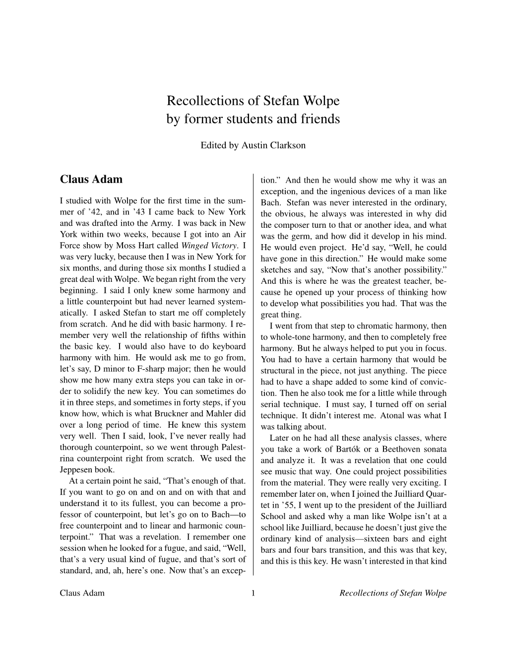 Recollections of Stefan Wolpe by Former Students and Friends