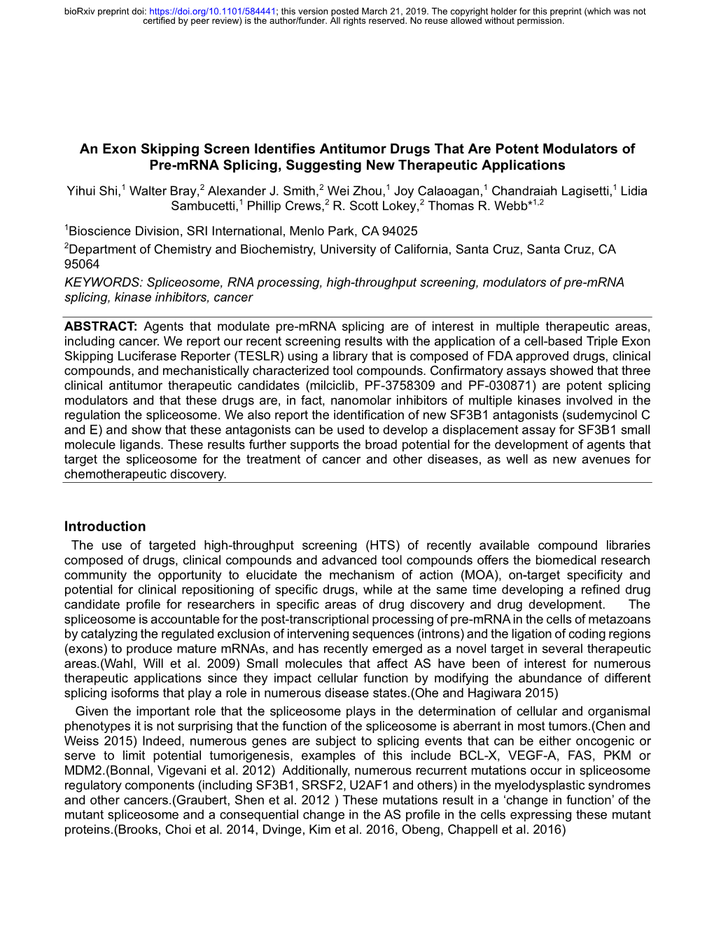 An Exon Skipping Screen Identifies Antitumor Drugs That Are Potent Modulators of Pre-Mrna Splicing, Suggesting New Therapeutic A